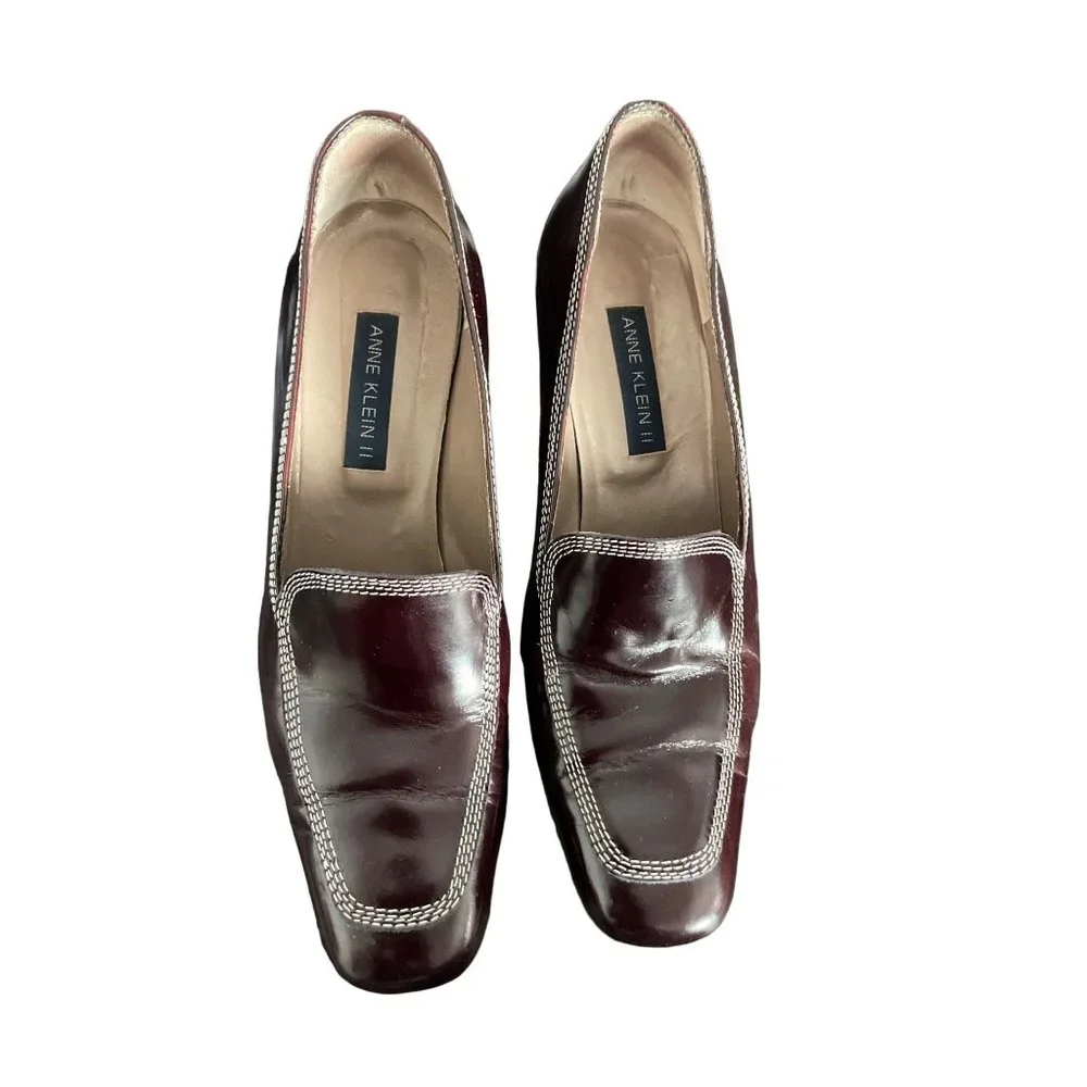 Anne Klein II Leather Heels 8 m Brown ‎ Leather Square Toe White Stitching Italy